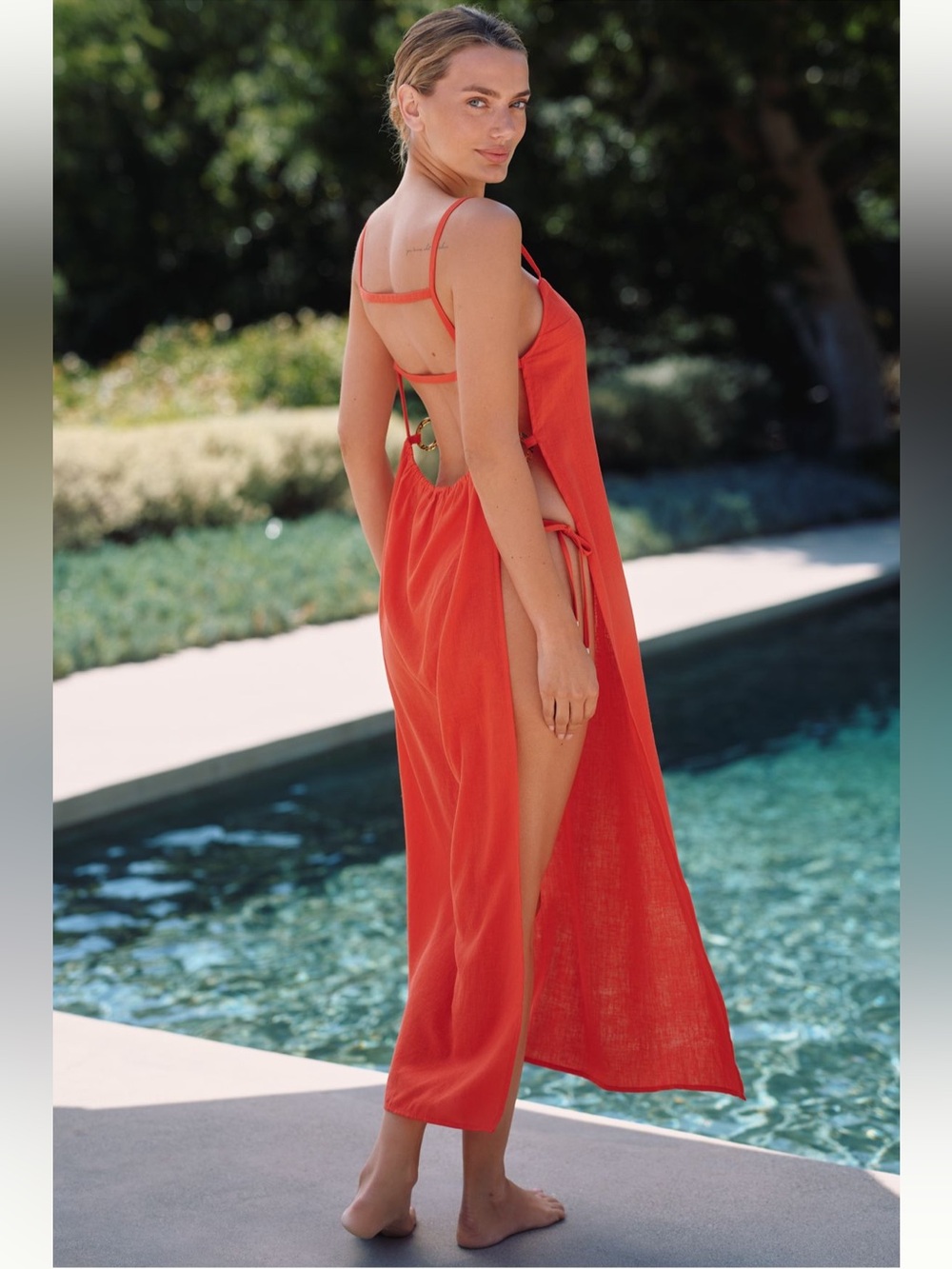 Sleeveless Orange Maxi Swim Cover-Up with Side Tie
